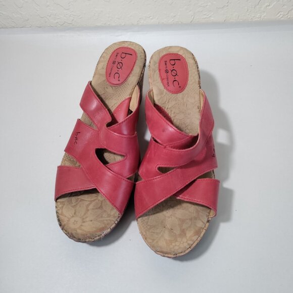 BOC Born Concept Red Leather Floral Cork Slide Strappy Wedge  Sandals Sz‎ 9 - Picture 2 of 8
